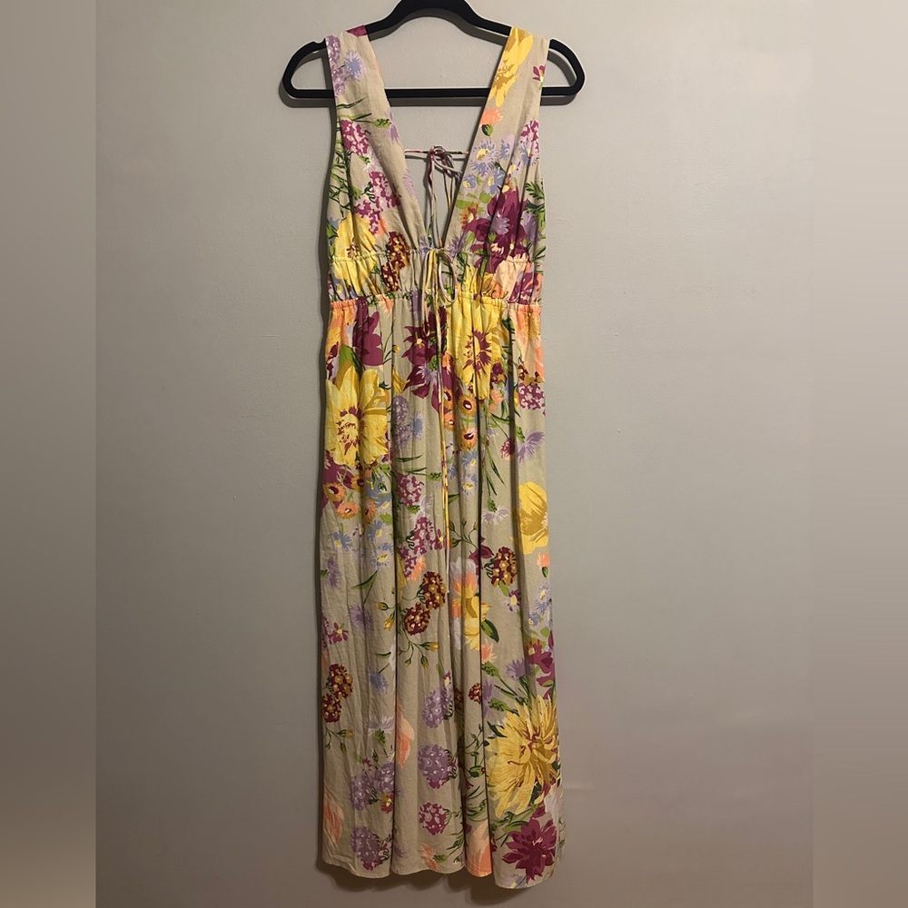 Beige Linen H&M Maxi Dress with colorful Floral Design and Deep V detail size M - Picture 4 of 8